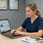 Professionnelle médicale qui compare du matériel médical professionnel sur un site en ligne depuis son bureau hospitalier