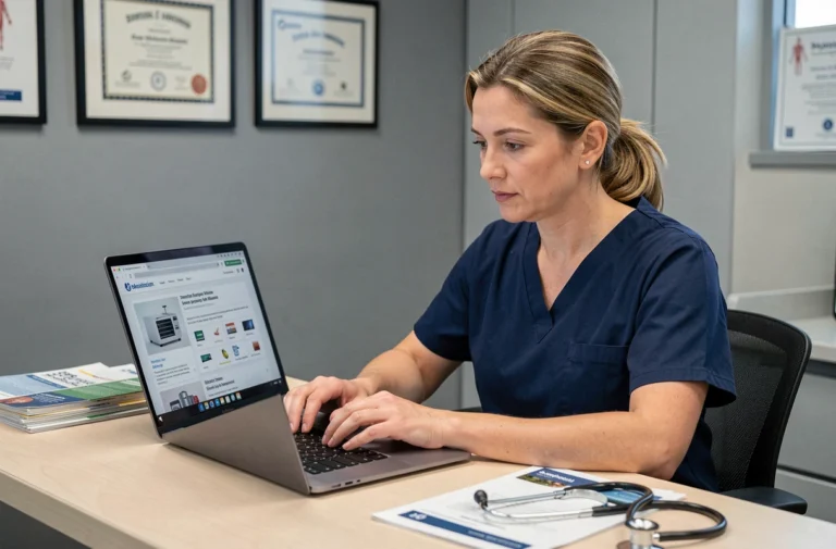 Professionnelle médicale qui compare du matériel médical professionnel sur un site en ligne depuis son bureau hospitalier