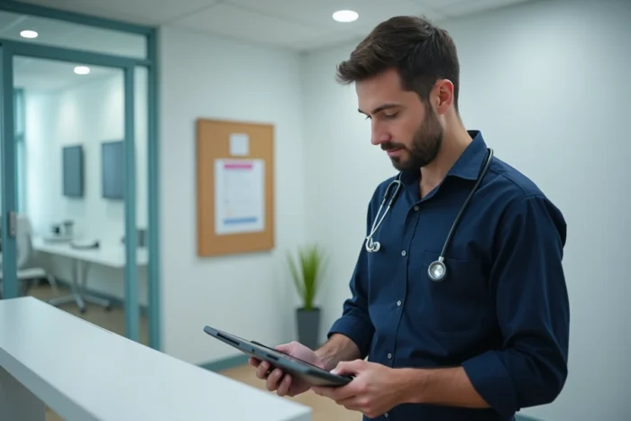 Administrateur de santé utilisant une tablette pour se connecter à un logiciel de soins Teranga