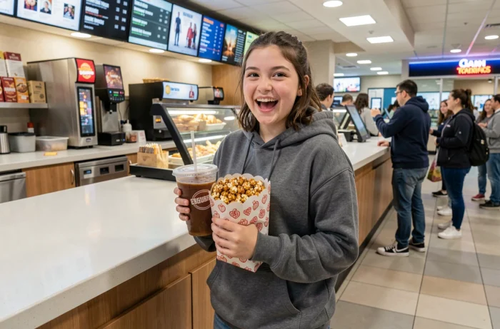 Adolescente souriante au comptoir de snacks d'un cinéma multiplex avec popcorn et boisson