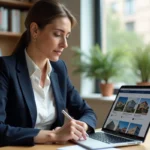 Agent immobilier comparant des annonces de logements sur une plateforme en ligne depuis son bureau professionnel