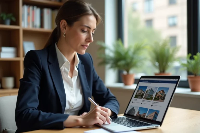 Agent immobilier comparant des annonces de logements sur une plateforme en ligne depuis son bureau professionnel