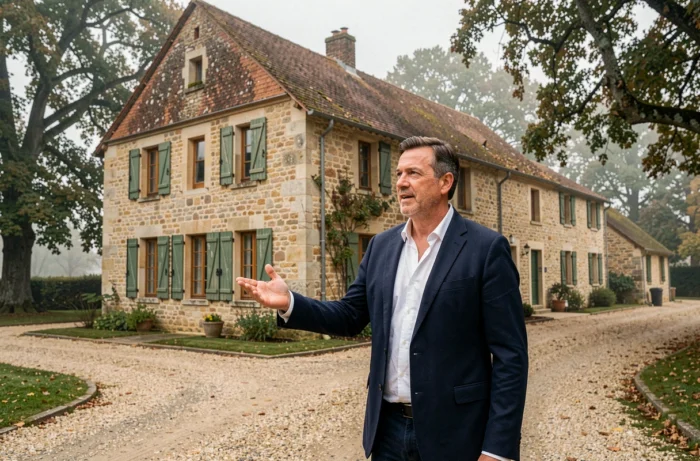 Agent immobilier présentant une maison charentaise en pierre avec volets verts lors d'une visite en Charente