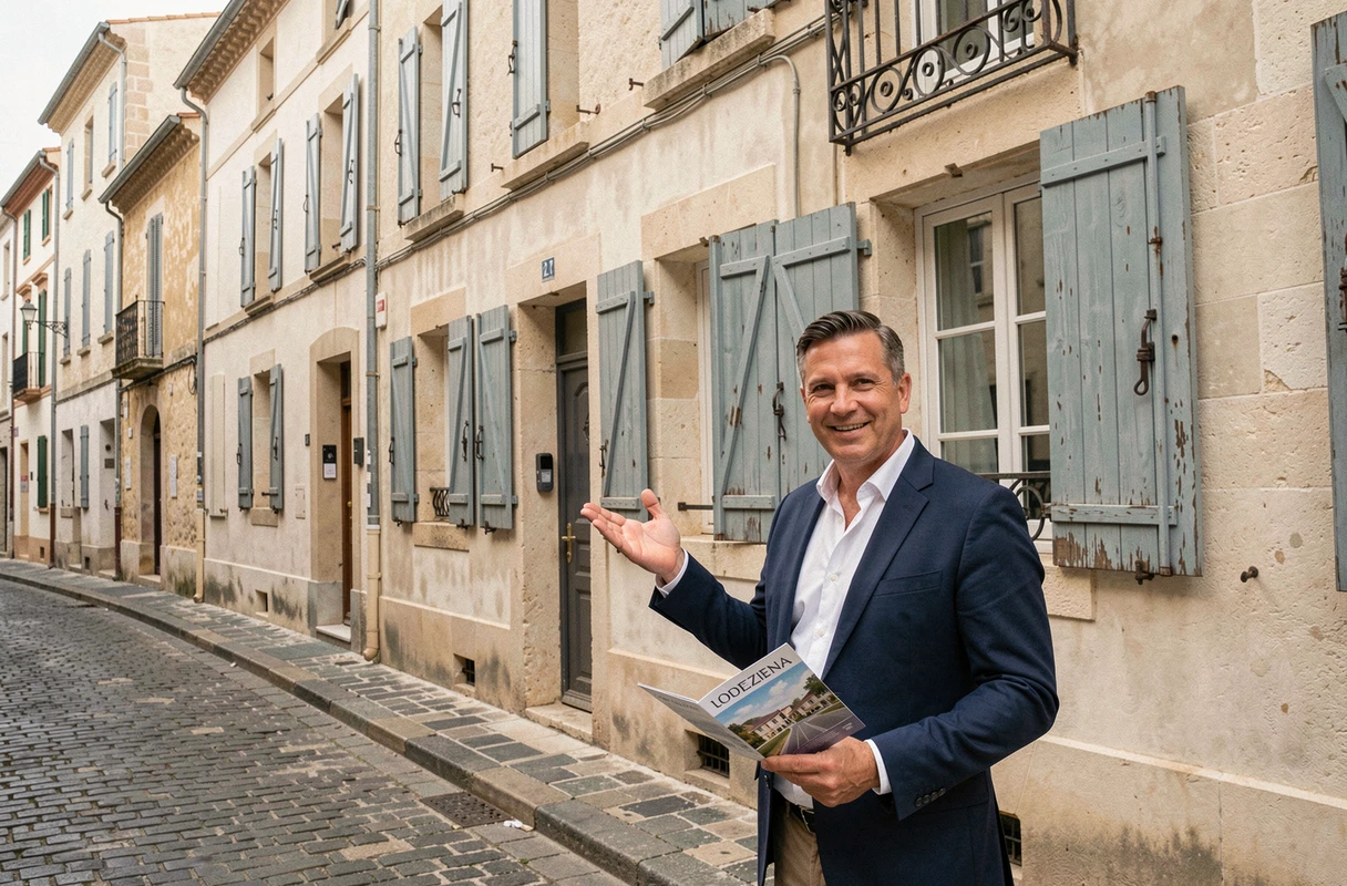 Agent immobilier présentant une maison de ville rénovée dans une rue historique de Pézenas