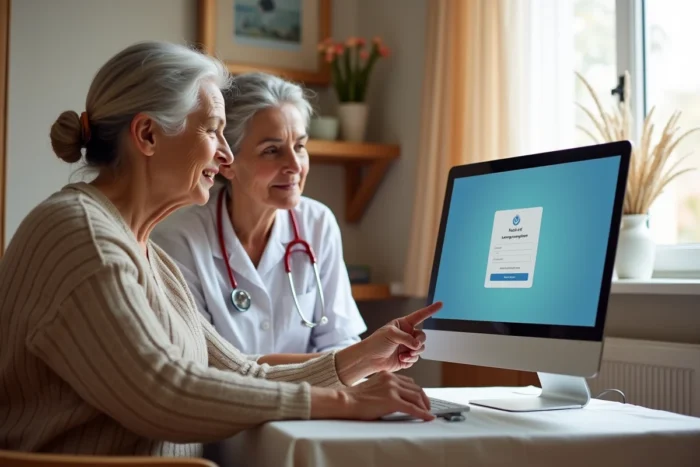 Aide-soignante accompagnant une résidente âgée pour se connecter à Netsoins Teranga