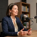Animatrice du podcast Les Voix du Business enregistrant un épisode en studio professionnel
