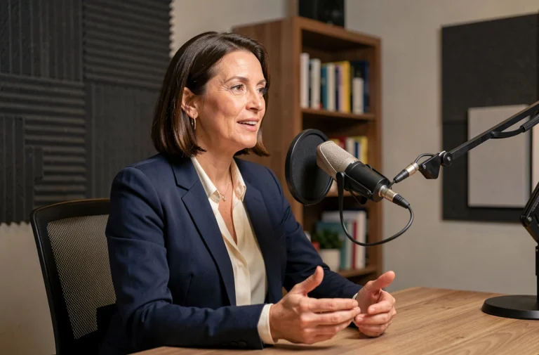 Animatrice du podcast Les Voix du Business enregistrant un épisode en studio professionnel