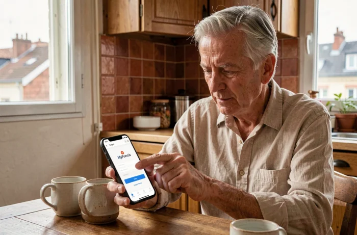 Homme senior consultant l'application mobile MyFoncia pour résoudre un problème de connexion