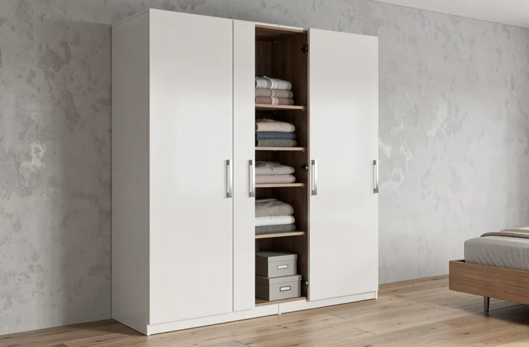 Armoire AC3M moderne blanche avec portes laquées et poignées en métal brossé dans une chambre contemporaine au style scandinave