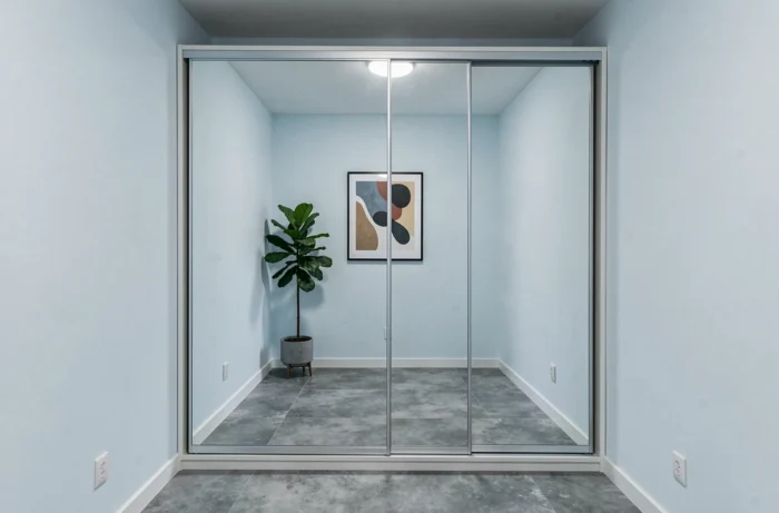 Armoire AC3M à portes miroir coulissantes intégrée dans une niche murale d'un petit appartement moderne aux murs bleu pâle