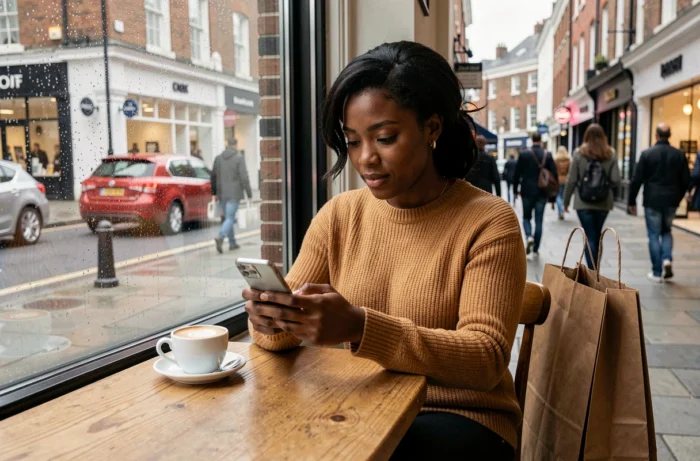 Femme consultant son téléphone dans un café de Londres pour planifier ses achats pendant les soldes avec des sacs shopping à ses côtés