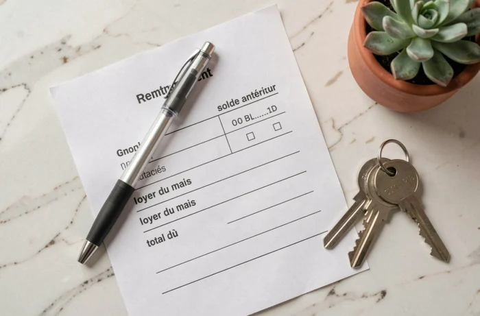 Avis de paiement de loyer avec solde antérieur posé sur une surface en marbre avec des clés d'appartement