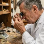 Bijoutier expert examinant une bague en or 9 carats avec une loupe dans un atelier de joaillerie traditionnel