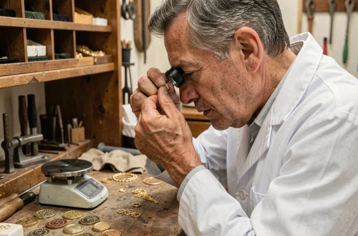Bijoutier expert examinant une bague en or 9 carats avec une loupe dans un atelier de joaillerie traditionnel