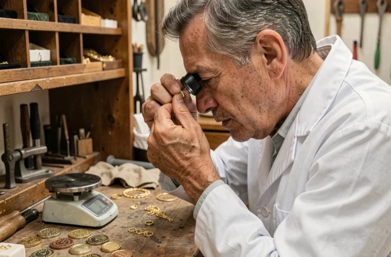 Bijoutier expert examinant une bague en or 9 carats avec une loupe dans un atelier de joaillerie traditionnel