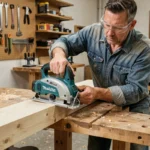 Bricoleur utilisant la scie circulaire Makita DHS680Z pour découper une planche en pin dans un atelier de bricolage