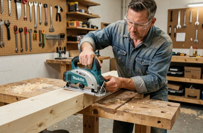 Bricoleur utilisant la scie circulaire Makita DHS680Z pour découper une planche en pin dans un atelier de bricolage