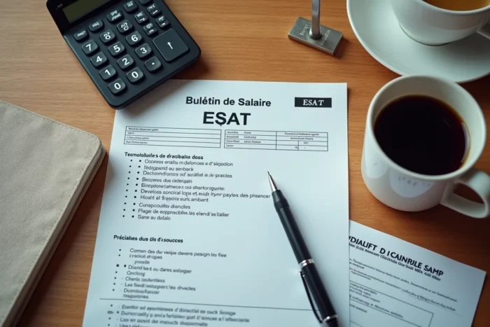 Bulletin de salaire ESAT posé sur un bureau avec calculatrice et guide de la législation française sur le handicap