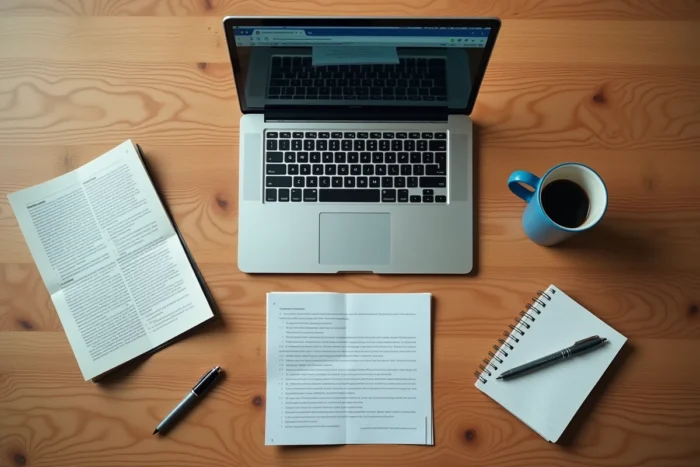 Vue aérienne d'un bureau avec ordinateur portable et documents imprimés sur les sites miroirs