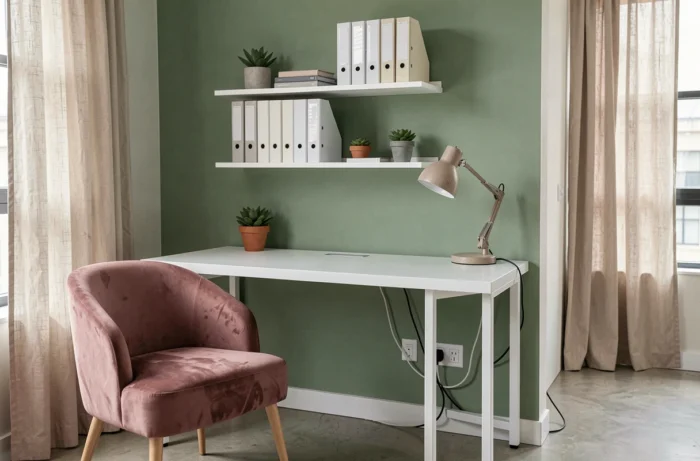 Bureau minimaliste laqué blanc avec étagères modulaires sur mur vert sauge dans un espace de travail à domicile contemporain