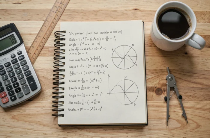 Vue de dessus d'un bureau d'étudiant avec cahier de formules trigonométriques sin et cos, calculatrice scientifique et tasse de café