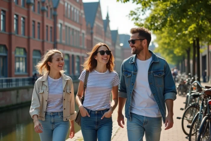 Groupe d'amis se promenant le long du Canal de Bruxelles dans le quartier Sainte-Catherine