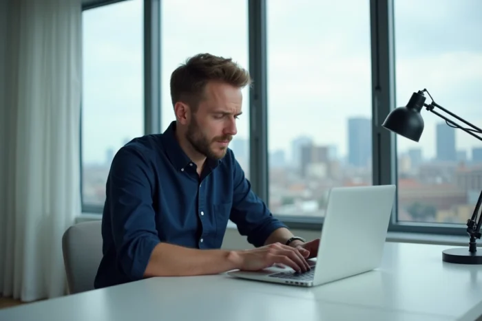 Homme utilisant le chat en ligne du service client Zalando depuis son appartement