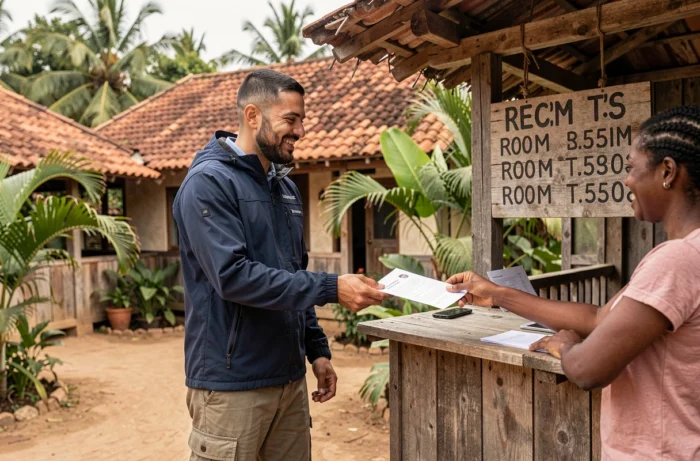 Voyageur en train de faire son check-in dans une petite pension de famille tropicale lors d'un tour du monde