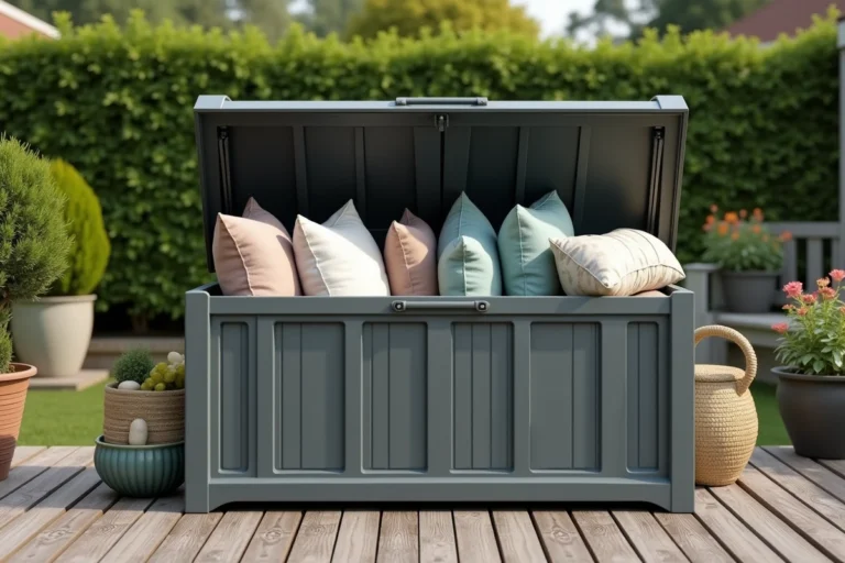 Coffre de jardin en résine ouvert sur une terrasse en bois avec des outils et coussins rangés à l'intérieur