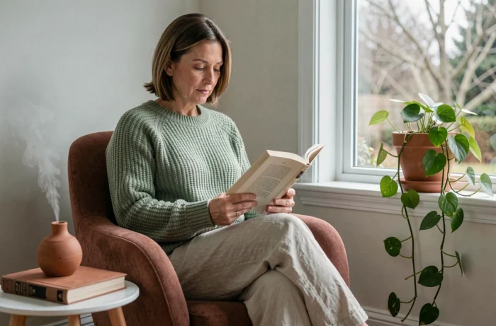 Femme lisant dans un fauteuil confortable près d'une fenêtre avec un diffuseur d'huiles essentielles et des plantes vertes pour un espace détente à la maison