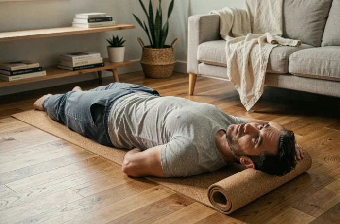 Homme allongé sur un tapis de yoga en liège dans un salon épuré et minimaliste aménagé pour la détente et le bien-être
