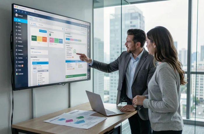 Deux professionnels collaborant autour d'outils de gestion de projets digitaux dans un bureau tech vitré