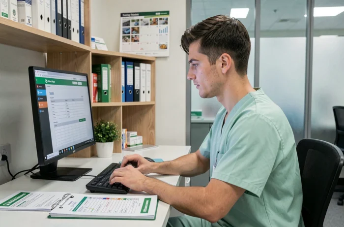 Technicien en pharmacie qui remplit un formulaire de commande de matériel médical professionnel sur un ordinateur en officine