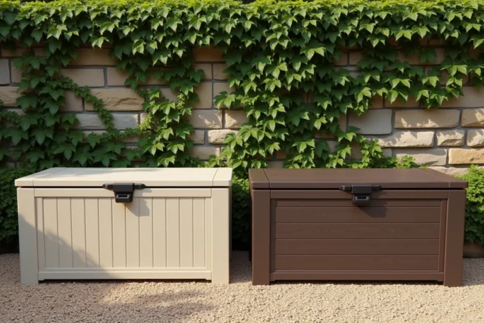 Comparaison de deux coffres de jardin côte à côte sur un patio en gravier, modèles résine et polypropylène