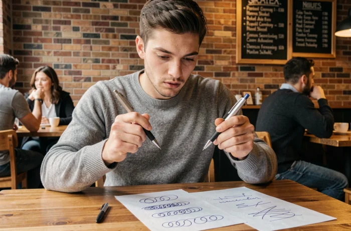 Jeune homme comparant deux stylos bille dans un café pour tester la qualité de l'écriture