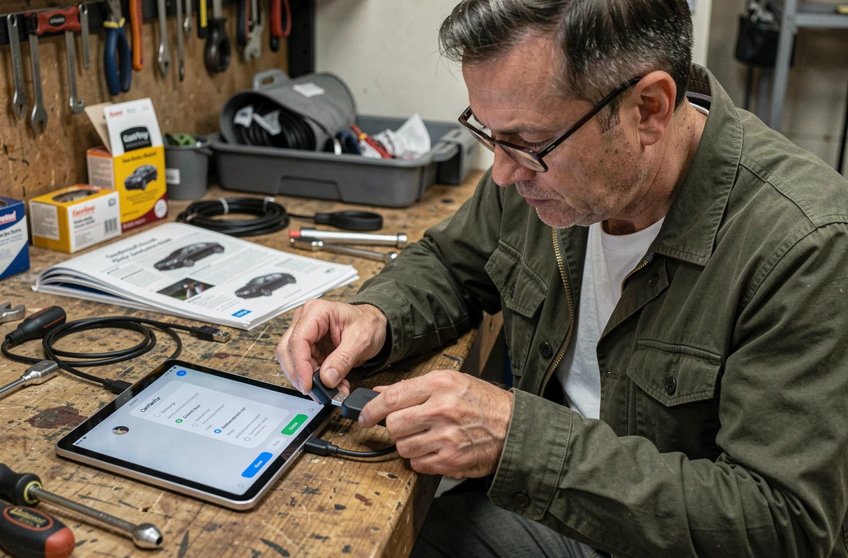 Homme configurant un adaptateur CarPlay sans fil connecté à une tablette Android sur un établi de garage