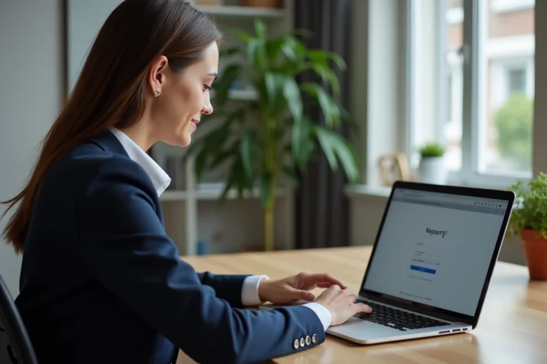 Femme connectée à son compte bancaire CA 22 en ligne depuis un bureau à domicile