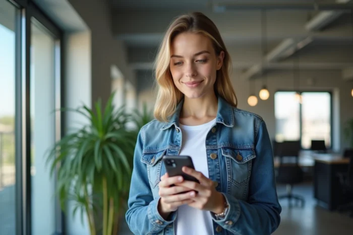 Jeune femme utilisant son smartphone pour se connecter à son compte CA 22 dans un espace de coworking