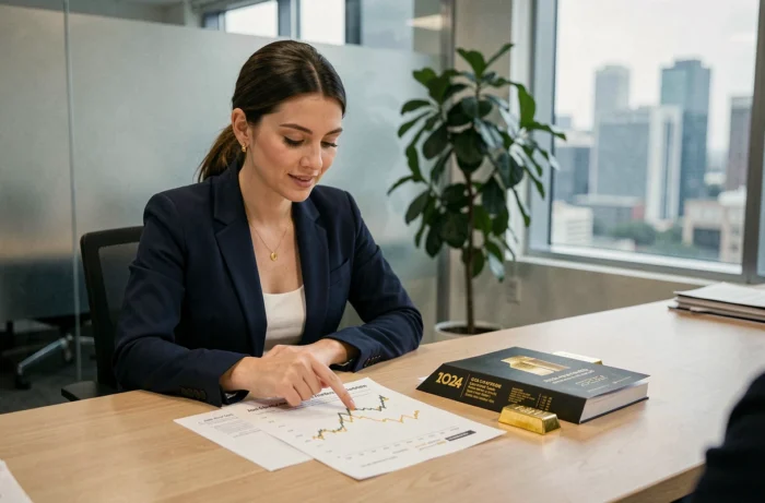 Conseillère financière expliquant le calcul du prix de l'or 9 carats en 2024 à un client dans un bureau moderne
