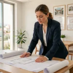 Conseillère immobilière examinant des plans d'architecture dans une agence moderne à Toulon