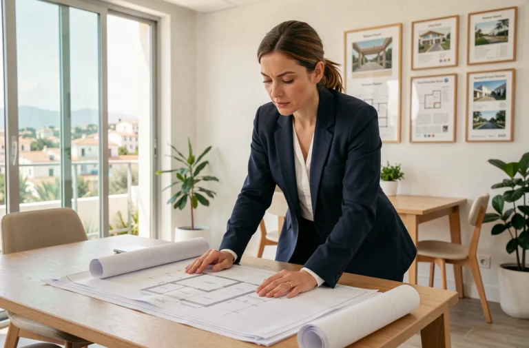 Conseillère immobilière examinant des plans d'architecture dans une agence moderne à Toulon