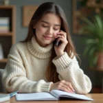 Jeune femme contactant le service client Zalando par téléphone depuis son bureau à domicile
