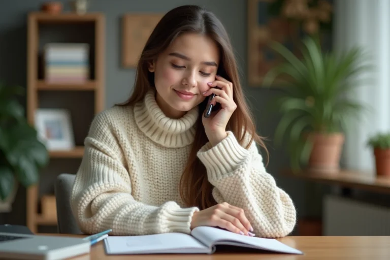 Jeune femme contactant le service client Zalando par téléphone depuis son bureau à domicile