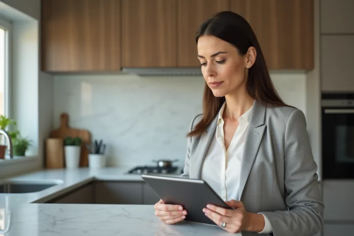 Femme consultant les coordonnées du service client Zalando Belgique sur une tablette dans sa cuisine