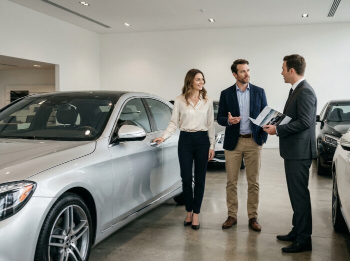Couple discutant avec un conseiller dans une concession automobile de luxe lors de l'achat d'une voiture premium