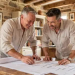 Couple examinant des plans immobiliers dans une étude notariale en Charente avec murs en pierre et poutres en chêne