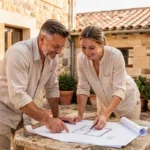 Couple étudiant des plans architecturaux dans la cour d'une maison en pierre typique de Pézenas pour un projet immobilier