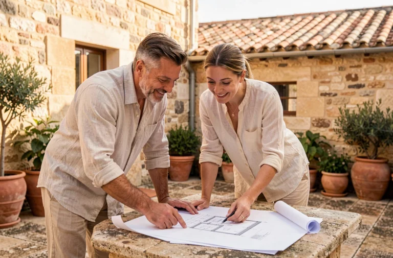 Couple étudiant des plans architecturaux dans la cour d'une maison en pierre typique de Pézenas pour un projet immobilier