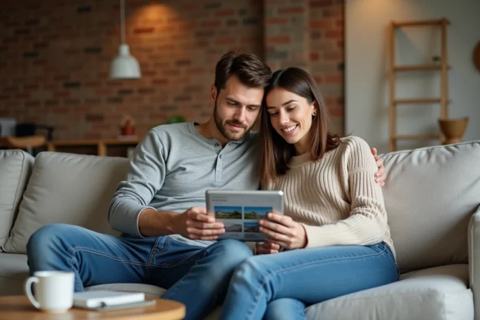 Couple de jeunes adultes recherchant un bien immobilier sur une tablette dans leur appartement