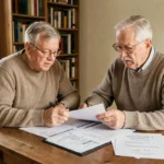 Couple de seniors belges examinant des documents notariaux pour une donation de maison